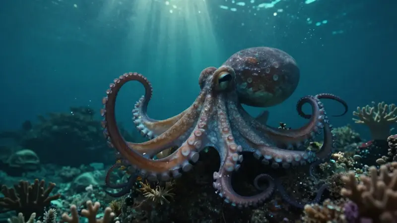 Pulpo gigante en las profundidades oceánicas, rodeado de bioluminiscencia y un arrecife coralino borroso al fondo.