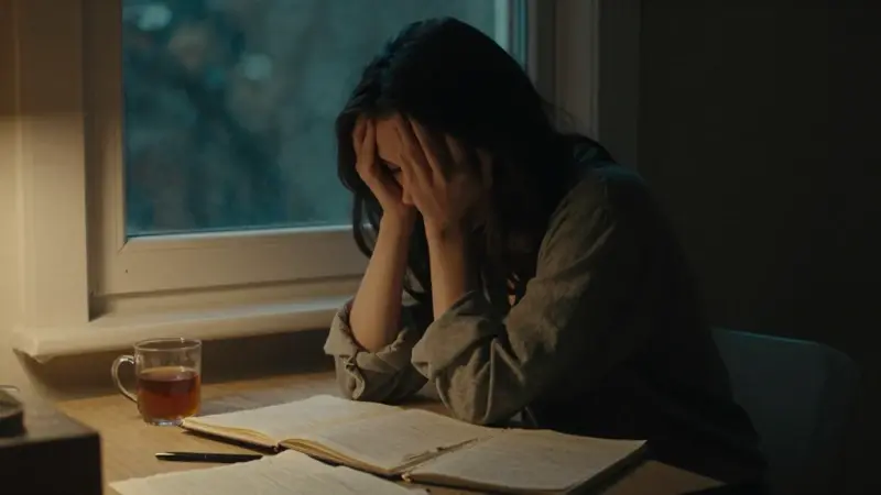 Mujer silueteada frente a una ventana iluminada en una habitación de estudio, rodeada de páginas de diario de sueños y una taza de té a media llenar. Ambiente melancólico y acogedor pero inquietante.