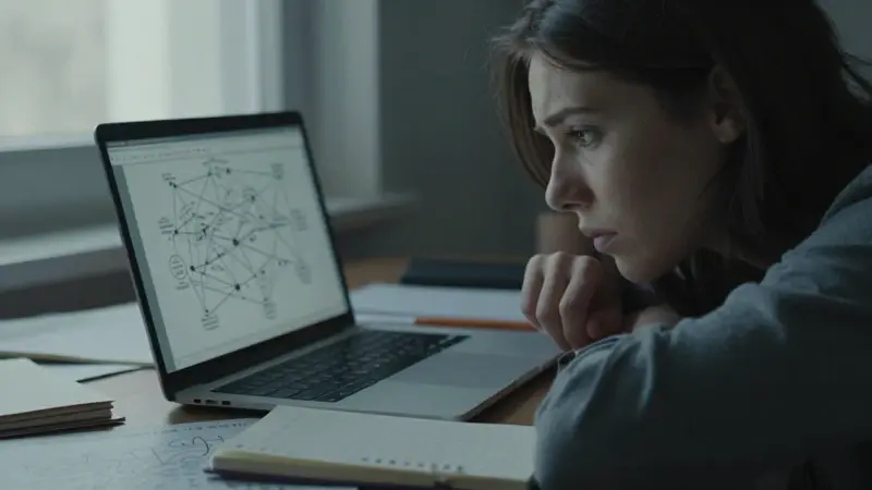 Joven mujer concentrada en su estudio, rodeada de notas y con una red de diagramas de ansiedad en su portátil, posiblemente analizando un sueño.