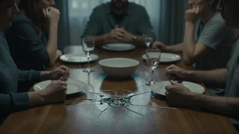 Cena familiar tensa con figuras borrosas, reflejadas en una mesa de madera pulida. Ambiente frío y sombrío que sugiere ansiedad y comunicación bloqueada.