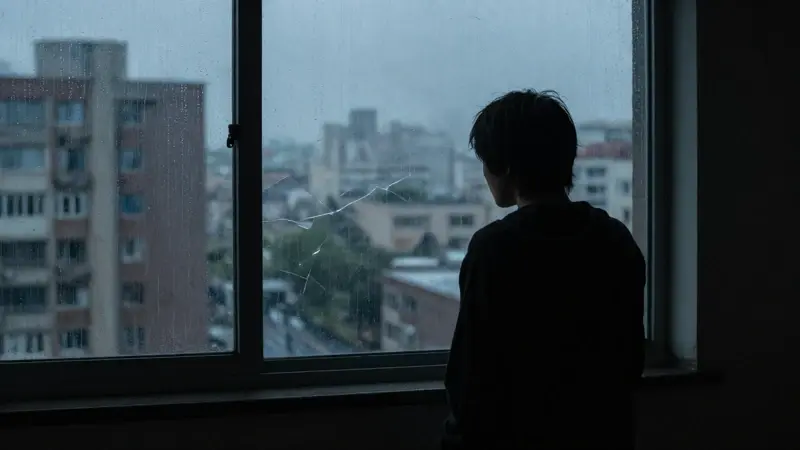 Figura solitaria observando una ciudad fragmentada a través de una ventana lluviosa, evocando una atmósfera de ansiedad y melancolía.