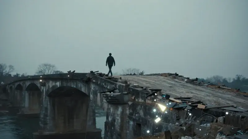 Puente de piedra derruido, parcialmente reconstruido con fragmentos de imágenes oníricas luminosas, bajo un cielo nublado. Una figura silueteada, con gesto ansioso, se encuentra a mitad de camino, de espaldas al espectador.