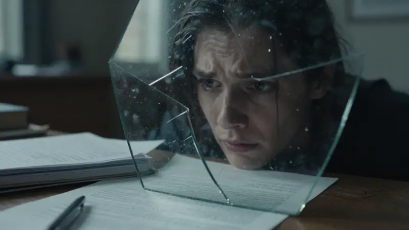 Primer plano de un rostro angustiado parcialmente oculto por fragmentos de espejo, con un fondo de estudio tenuemente iluminado y notas de análisis dispersas.