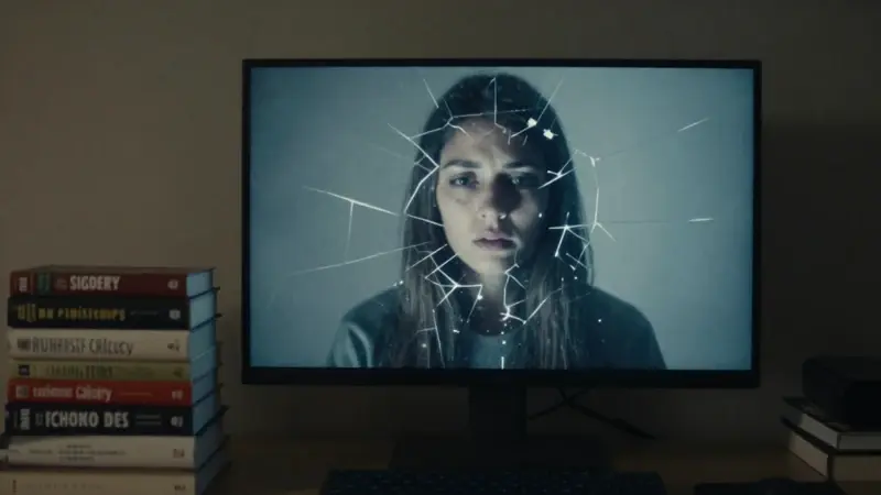 Monitor sobreexpuesto con imágenes fragmentadas de sueños en un escritorio tenuemente iluminado, rodeado de libros de psicología. Un rostro ansioso, parcialmente oculto en la sombra, refleja la atmósfera de inquietud de la escena.
