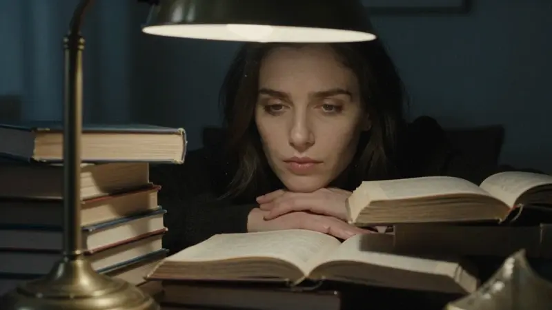 Mujer concentrada en el estudio de sueños, rodeada de libros sobre análisis psicológico y con una iluminación tenue y melancólica.