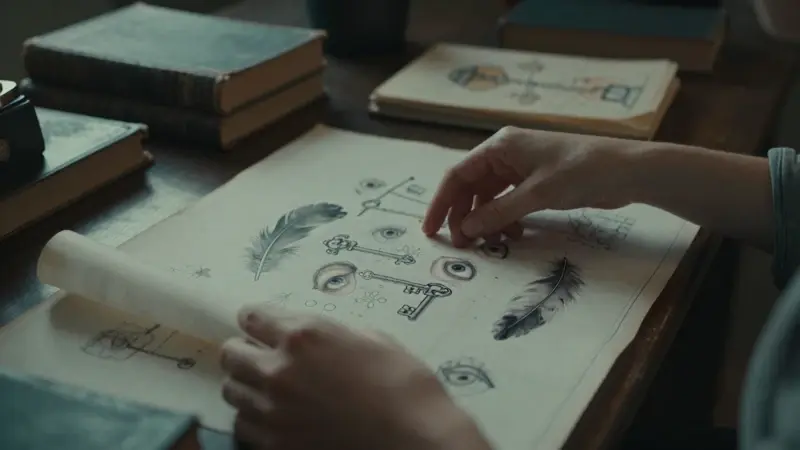 Manos desplegando un plano con imágenes oníricas como plumas, llaves y ojos, sobre un escritorio antiguo en un estudio con libros y dibujos anatómicos.