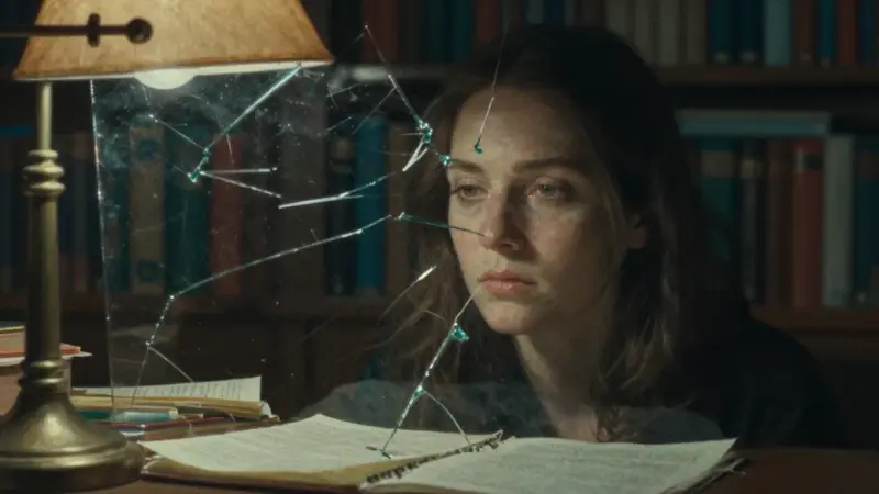 Primer plano del rostro de una mujer, parcialmente oculto tras vidrio resquebrajado, en un estudio tenuemente iluminado con estanterías llenas de libros desdibujadas al fondo.