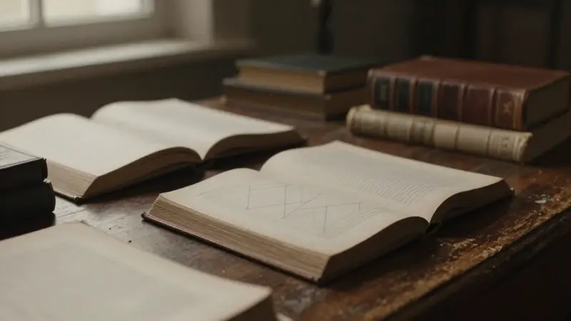 Escritorio antiguo de madera con libros abiertos sobre análisis de sueños, destacando una página con un patrón geométrico que sugiere un cuadrado dividido en cuatro partes.