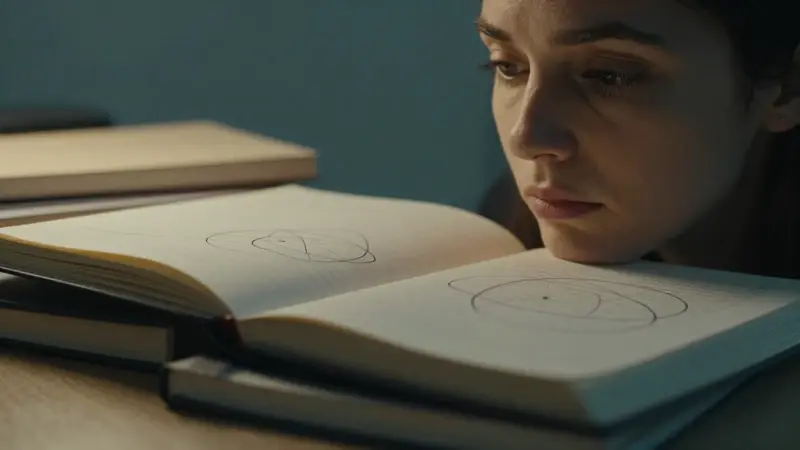 Primer plano del rostro pensativo de una mujer en un estudio lleno de diarios de sueños y diagramas analíticos.