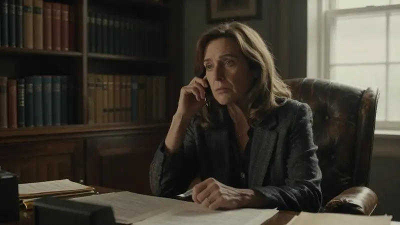 Mujer analizando sueños en un estudio antiguo con estanterías llenas de libros y una atmósfera pensativa.