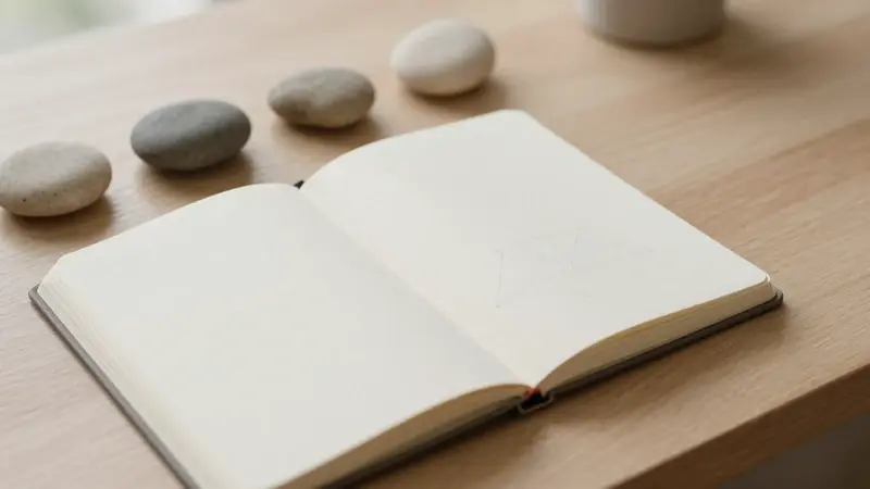 Escritorio minimalista con un cuaderno abierto y cuatro piedras lisas, evocando un espacio de reflexión y análisis personal.