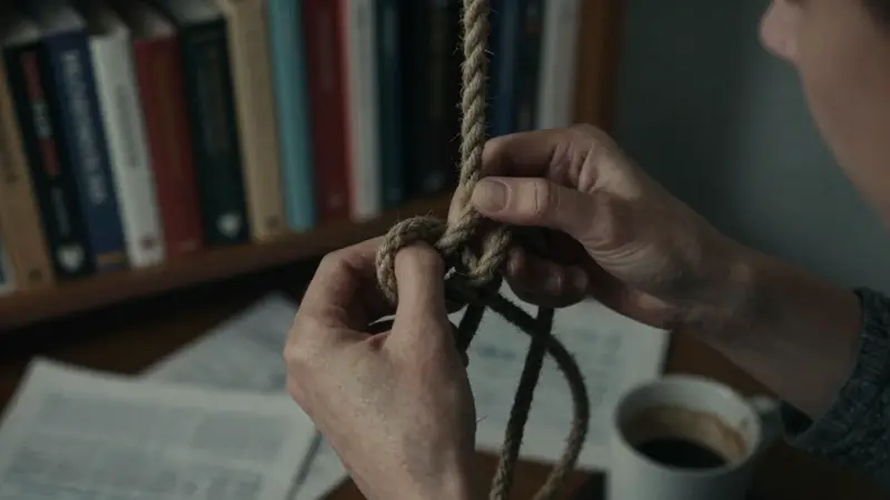 Manos frustradas enredadas en una maraña de cuerda marrón, sobre un escritorio con libros de psicología y análisis de sueños, evocando la dificultad de interpretar los sueños.