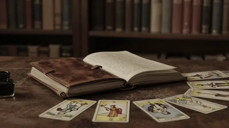 Diario de sueños antiguo abierto sobre una mesa de caoba en una biblioteca polvorienta y tenuemente iluminada, rodeado de cartas de tarot y una tintera.