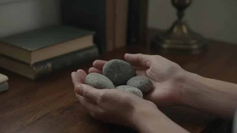 Manos sostienen cuatro piedras grises sobre un escritorio de madera antigua, con libros y una lámpara vintage desenfocados al fondo.