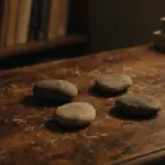 Cuatro piedras lisas dispuestas en un cuadrado sobre una antigua mesa de madera, en un estudio oscuro con estanterías borrosas al fondo.