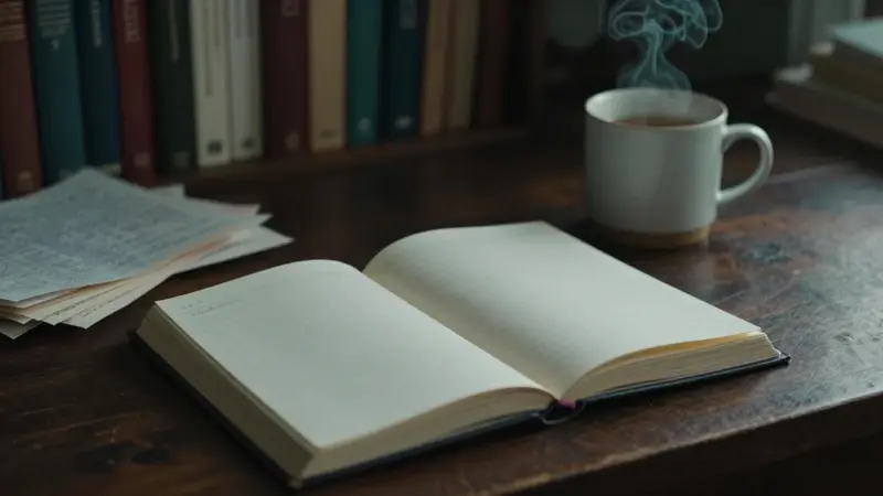 Diario de sueños abierto sobre un escritorio de madera oscura, iluminado por una lámpara suave en un estudio con estanterías y una taza de té humeante.