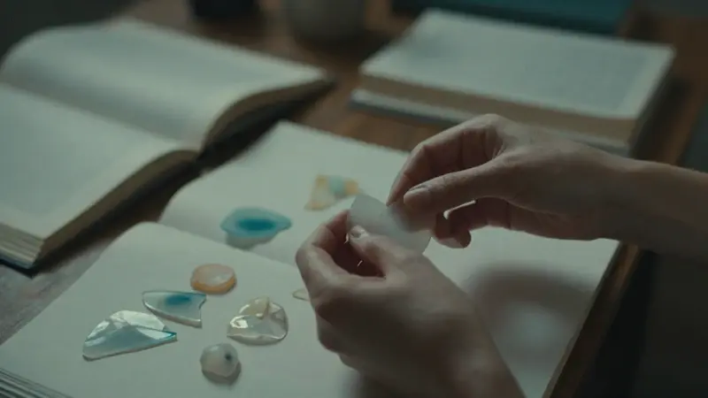 Manos femeninas separando fragmentos translúcidos de sueños en un ambiente de estudio tenue con libros y diarios dispersos.