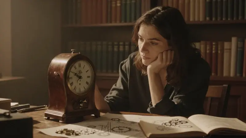 Mujer observando un reloj antiguo desmontado en un estudio lleno de libros, con un ambiente melancólico y reflexivo.