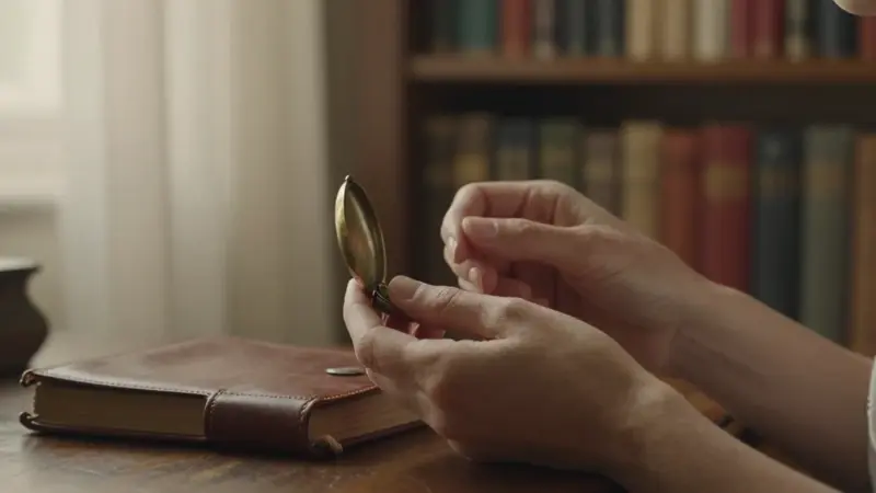 Manos sostienen un relicario antiguo de latón abierto, junto a un diario de cuero en un interior cálido y con luz natural.