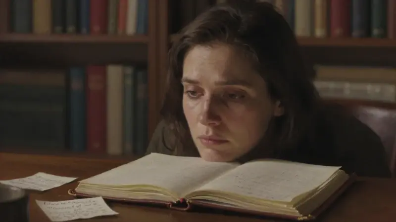 Mujer pensativa frente a un diario abierto en un estudio con libros, evocando la frustración y la búsqueda de significado en la interpretación de los sueños.