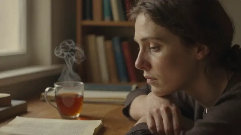 Mujer pensativa en un ambiente cálido y tranquilo, con estanterías y un diario de sueños a su lado, mientras reflexiona sobre el significado de sus sueños.