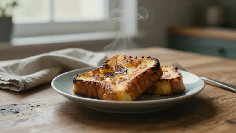 Tostadas francesas doradas sobre un plato azul pálido, en una mesa de madera rústica con luz suave de ventana. Ambiente matutino y acogedor.