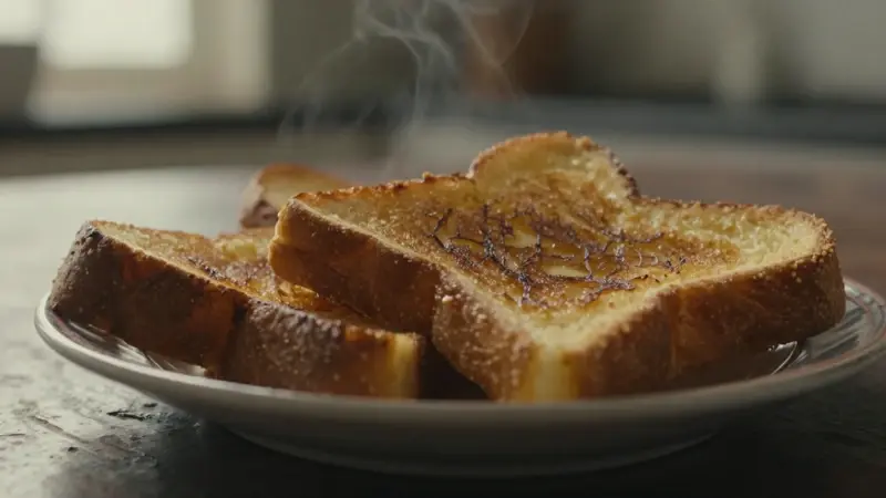 Rebanadas de tostadas francesas doradas sobre un plato de porcelana antigua, con luz tenue y ambiente nostálgico.