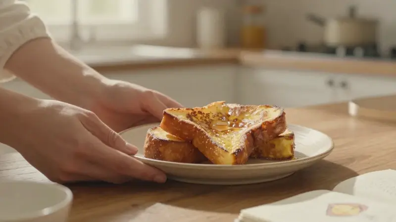 Manos sostienen un plato de tostadas francesas doradas en una luminosa cocina matutina, con un cuaderno de bocetos abierto y notas sobre sueños en segundo plano.