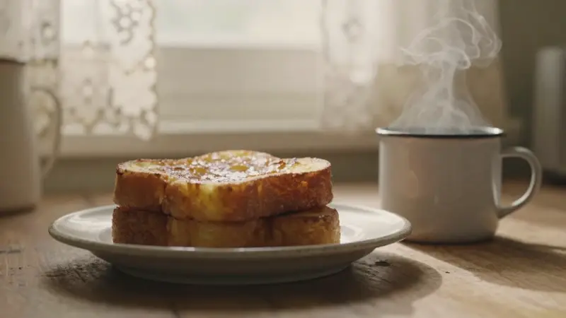 Tostadas francesas doradas sobre un plato de cerámica vintage en una cocina cálida y luminosa.