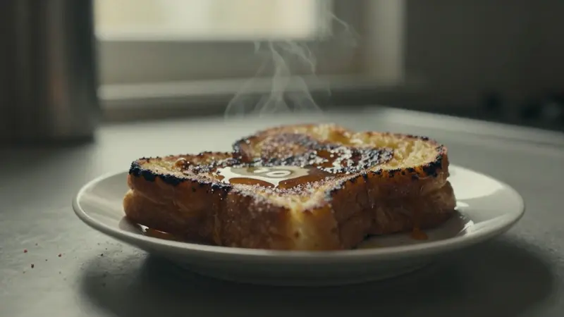 Tostadas francesas ligeramente quemadas sobre un plato de porcelana blanca, con migas dispersas y jarabe de arce, en una encimera de cocina tenuemente iluminada.