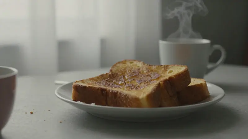 Tostadas francesas doradas sobre un plato de porcelana blanca en un rincón de desayuno con luz suave y una taza de café al vapor.