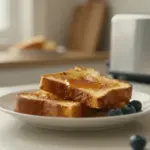 Rebanadas de tostadas francesas doradas sobre un plato de porcelana blanca, con miel y arándanos, en una cálida cocina iluminada naturalmente.