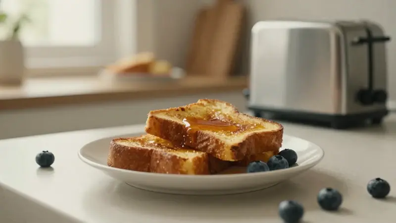 Rebanadas de tostadas francesas doradas sobre un plato de porcelana blanca, con miel y arándanos, en una cálida cocina iluminada naturalmente.