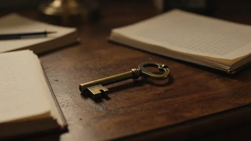 Llave antigua de latón sobre un escritorio de caoba en un estudio tenuemente iluminado, rodeada de diarios de sueños con aspecto antiguo.