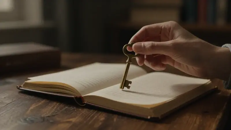 Llave antigua de latón en la mano de una mujer, con un diario de sueños abierto sobre un escritorio de madera en un ambiente de estudio tenue.