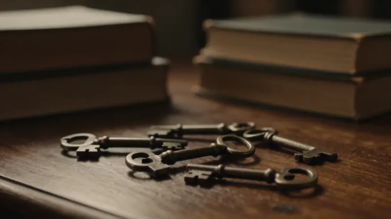 Llaves antiguas y ornamentadas sobre un escritorio de madera oscura, en una atmósfera melancólica y misteriosa, rodeadas de libros antiguos.