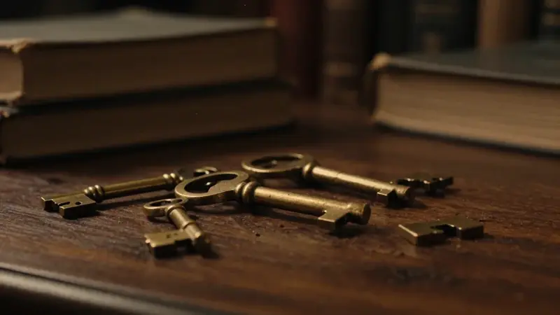 Llaves antiguas de latón sobre una mesa de madera oscura, con libros antiguos borrosos al fondo, creando una atmósfera melancólica y sombría.
