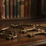 Llaves antiguas de latón esparcidas sobre un escritorio de madera oscura en un estudio con estanterías llenas de libros antiguos.