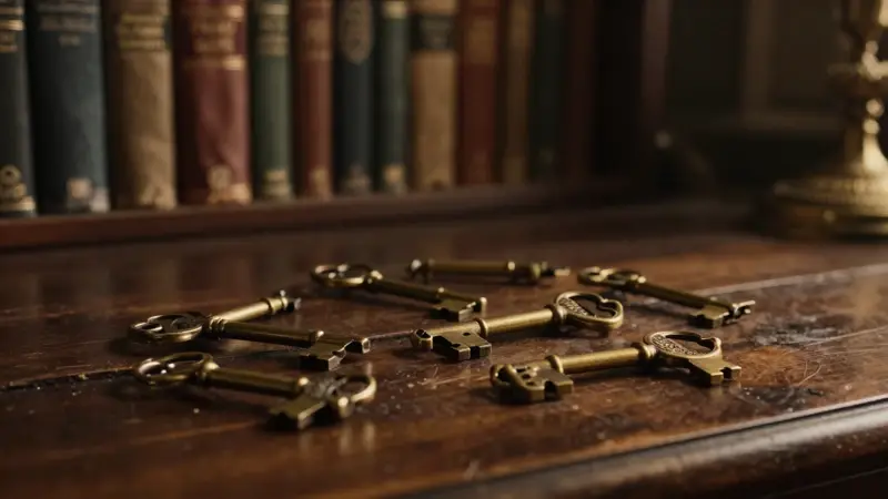Llaves antiguas de latón esparcidas sobre un escritorio de madera oscura en un estudio con estanterías llenas de libros antiguos.