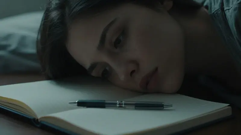 Primer plano de una mujer mirando hacia adelante con expresión pensativa en una habitación tenuemente iluminada, junto a un diario de sueños abierto y un bolígrafo sobre una mesita de noche.