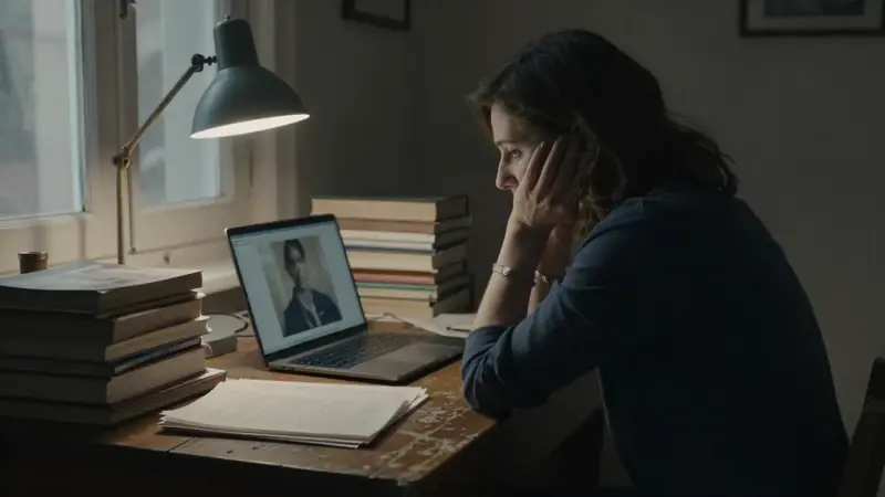 Mujer de unos 30 años sentada en un escritorio lleno de libros e investigaciones, con una laptop mostrando una fotografía descolorida. Ambiente melancólico y contemplativo.