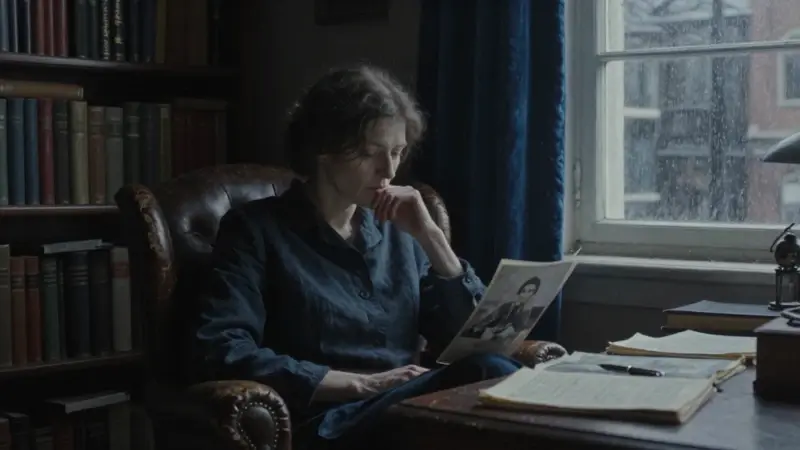 Mujer sentada en un estudio antiguo, mirando pensativamente una fotografía parcialmente visible, rodeada de libros y con vistas a una ciudad lluviosa.