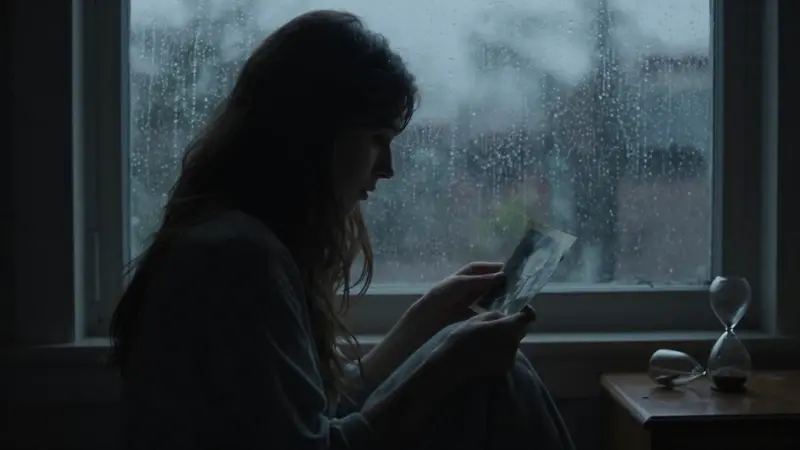 Mujer silueteada contra una ventana lluviosa, sosteniendo una fotografía antigua en un dormitorio tenuemente iluminado, con un reloj de arena volcado cerca.