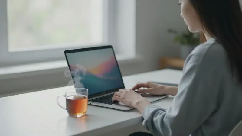 Mujer sentada frente a un ordenador portátil con una imagen onírica borrosa en la pantalla, tomando té en un ambiente tranquilo y luminoso.