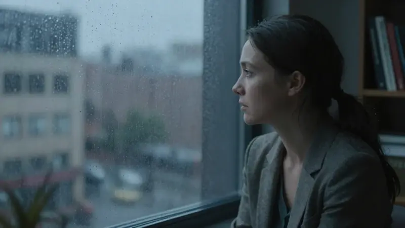 Mujer mirando pensativamente por una ventana lluviosa en un consultorio de psicólogo tenuemente iluminado, creando una atmósfera melancólica y contemplativa.