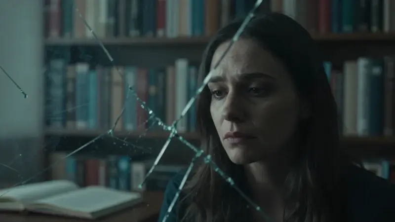 Primer plano de una mujer con expresión melancólica, cuyo rostro está parcialmente oculto por fragmentos de vidrio roto, en una habitación llena de libros tenuemente iluminada.