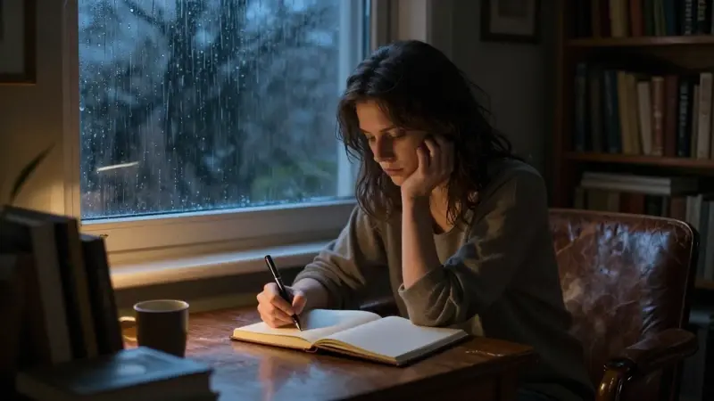 Mujer escribiendo en un diario a la luz tenue de una ventana en noche lluviosa, en un ambiente cálido y melancólico con estanterías y un sillón de cuero.