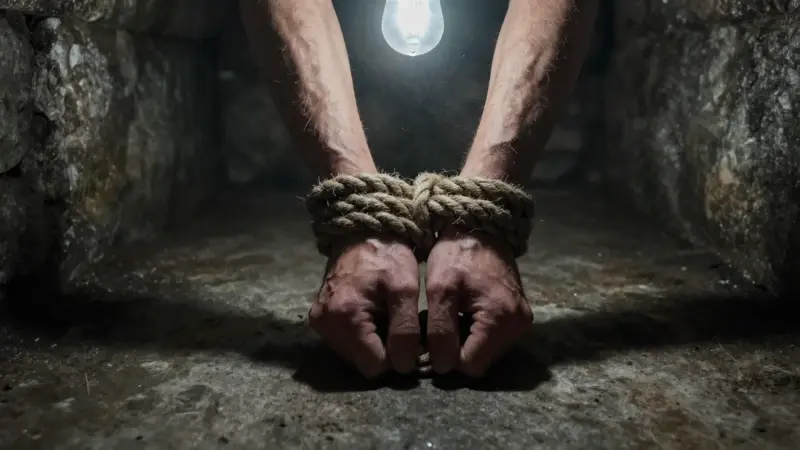 Manos fuertemente atadas con una cuerda gruesa en un sótano de piedra con suelo de hormigón, iluminación tenue y ambiente opresivo.