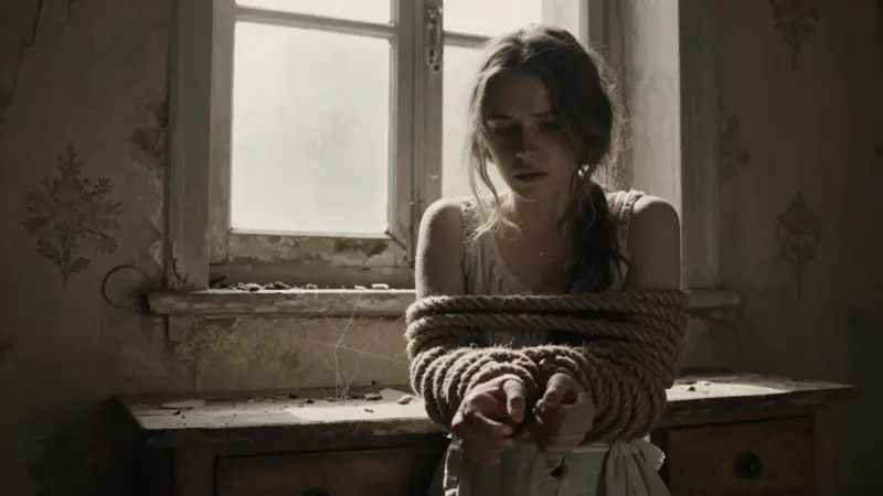Joven atada con cuerda en un ático antiguo y polvoriento, con luz tenue entrando por una ventana sucia.