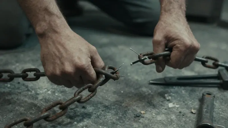 Manos rompiendo cadenas oxidadas en un taller oscuro, con herramientas esparcidas y suelo de cemento.